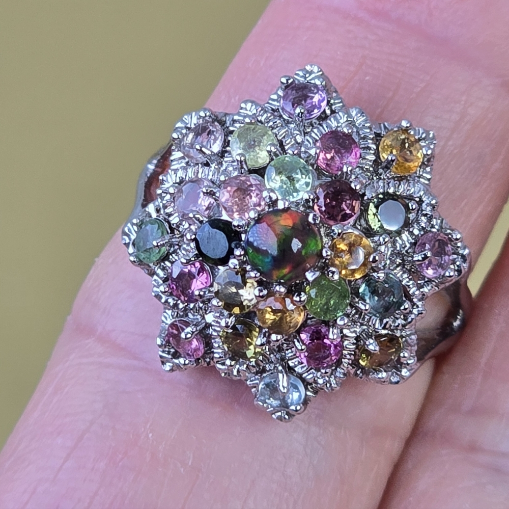 Natural Fire Opal & Tourmaline 925 Sterling Silver Ring Sz 7.5